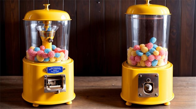 사진 앞면에 '솜뭉치'라고 표시된 노란색 사탕 기계 2개