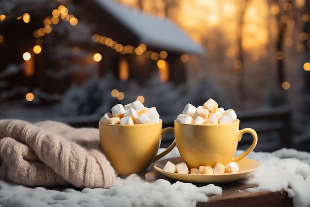 写真 クリスマスのホットチョコレート飲み物とマーシュマロの2つの黄色いカップ コピースペース