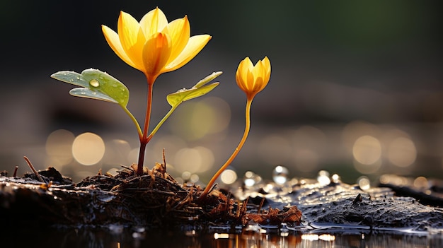 two yellow flowers are growing out of the ground