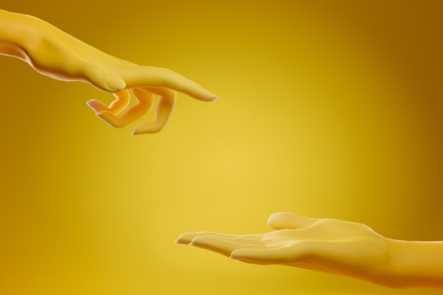 写真 黄色の背景の上で互いに到達する2つの黄色の手サポートケアの概念愛の保護と人々の間の接続3dレンダリング