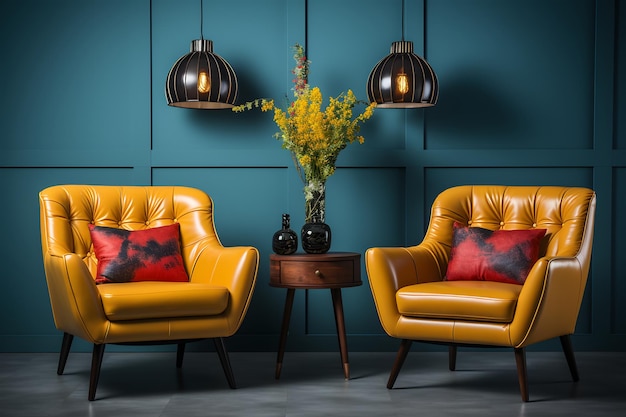 Two yellow leather armchairs with a vase of flowers on a blue wall 3d rendering ai generated