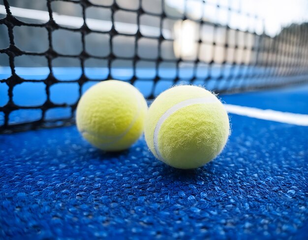 Photo two yellow paddle balls on the blue court next to the net