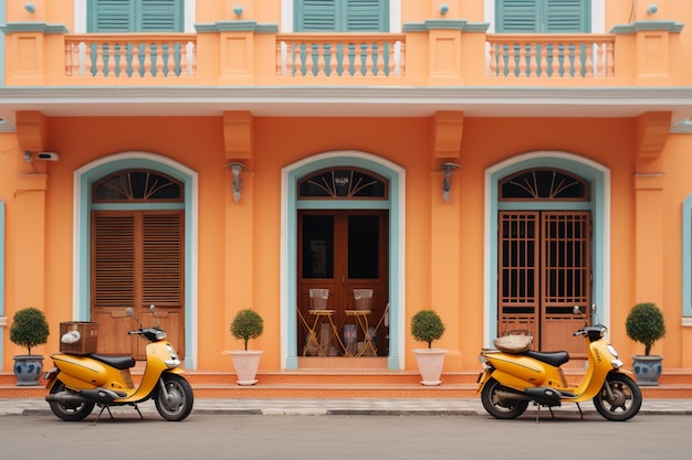 Two yellow scooters are parked in front of a building with a balcony.