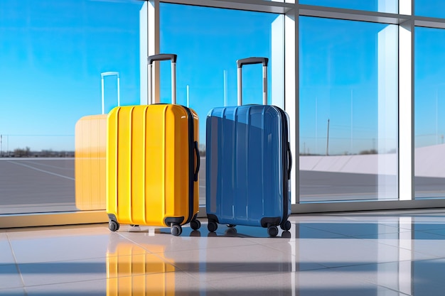 Two yellow suitcases next to an airport window