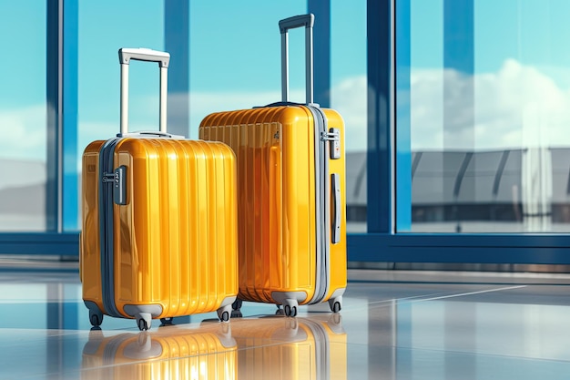 Two yellow suitcases next to an airport window