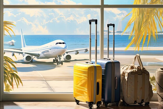 Two yellow suitcases next to an airport window