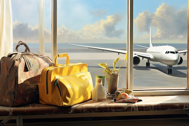 Two yellow suitcases next to an airport window