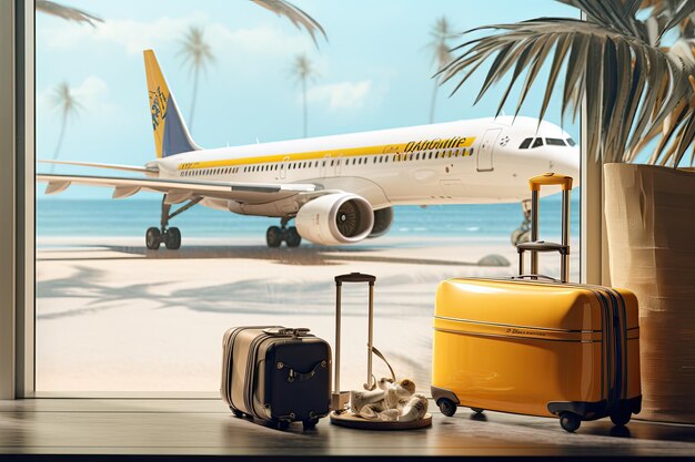 Two yellow suitcases next to an airport window