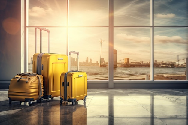 Two yellow suitcases next to an airport window