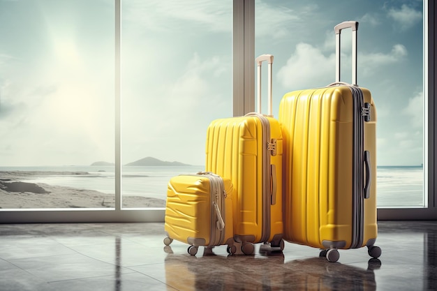 空港の窓の隣に2つの黄色いスーツケース