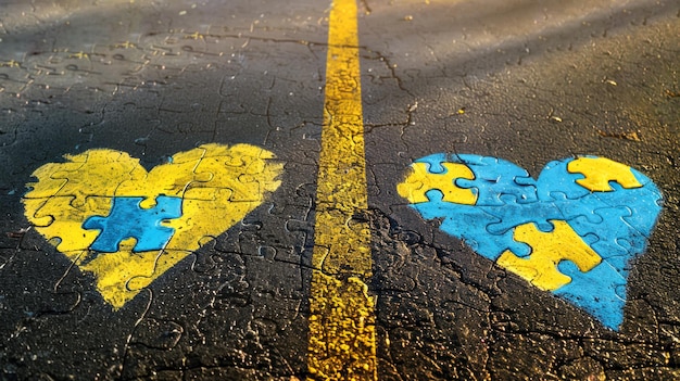 Two yellowblue hearts separated by a road line A symbol in support of people with down syndrome