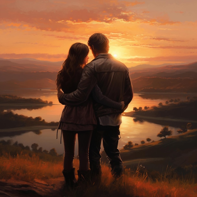 Two young adults embrace enjoying tranquil sunset generated by AI