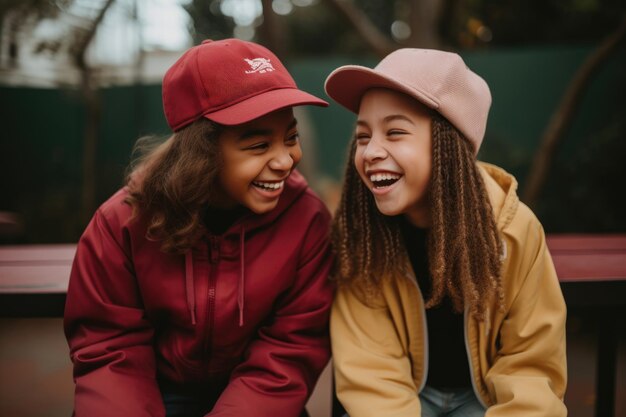 Photo two young african girls in caps laugh