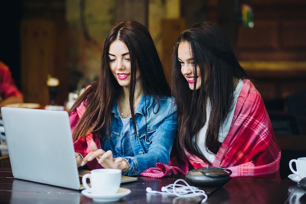 テーブルに座ってインターネットで何かを探している2人の若くて美しい女の子