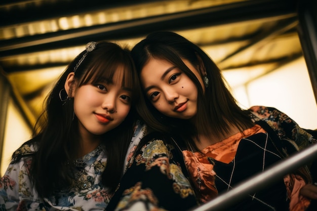 사진을 위해 포즈를 취하는 두 젊은 아시아 여성