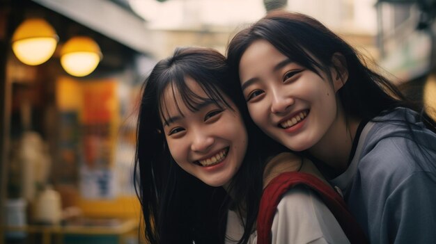 Photo two young asian women roam the streets