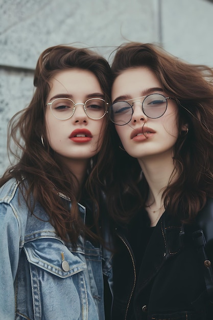 Two young beautiful brunette girls in nice trendy summer clothes