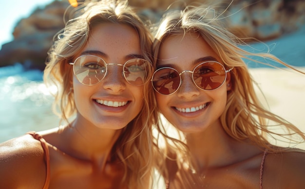 Two young beautiful girls in sunglasses are taking selfie on the beach