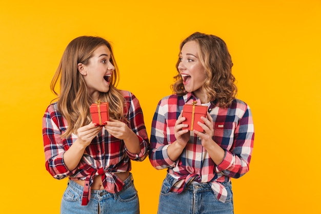 two young beautiful girls wearing plaid shirts smiling and holding gift boxes isolated