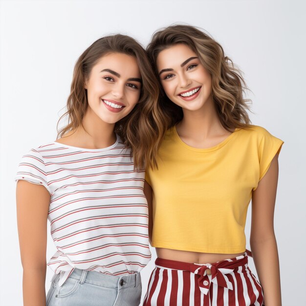 Two young beautiful smiling brunette female in trendy summer clothes