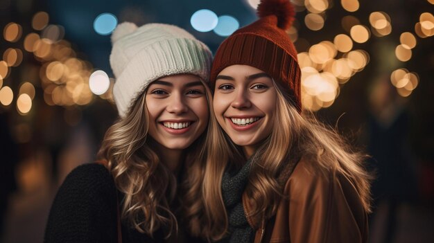 빨간색과 색의 겨울 옷을 입은 긴 머리카락을 가진 두 명의 젊은 금발 자매가 T Generative AI와 함께 포즈를 취하고 있습니다.