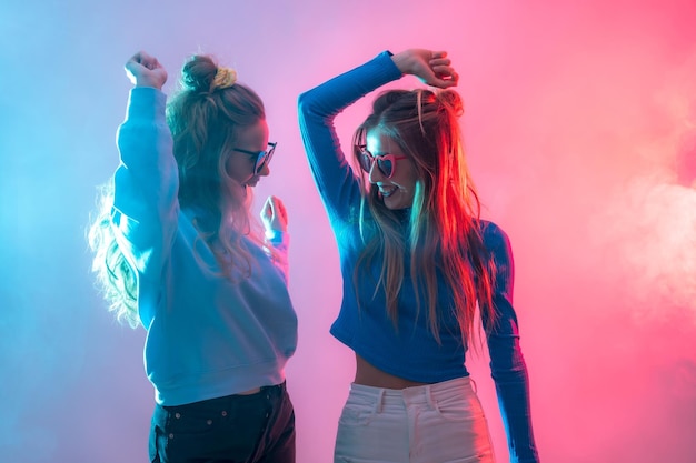나이트클럽에서 춤을 추는 두 젊은 금발의 백인 여성이 빨간색과 파란색으로 연기를 내며 춤을 춥니다.