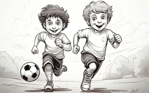 Two young boys are running with a soccer ball Drawing AI