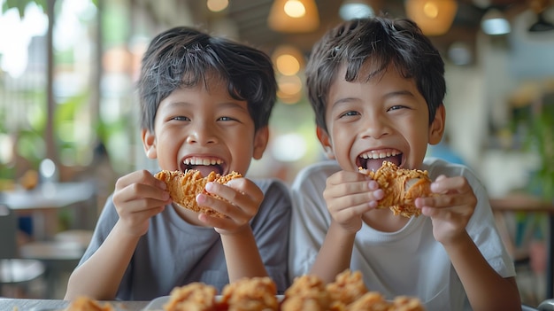 テーブル で 食べ て いる 二 人 の 少年