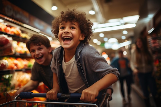 Two young boys having fun at grocery