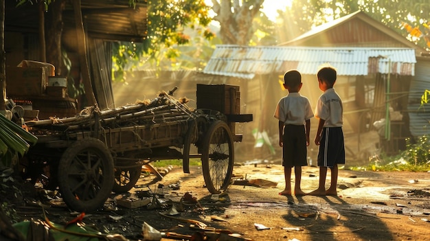 사진 학교 유니폼 을 입은 두 명의 어린 소년 들 은 아침 의 일 으로 바게 있는 나무 마차 근처 에 서 있다