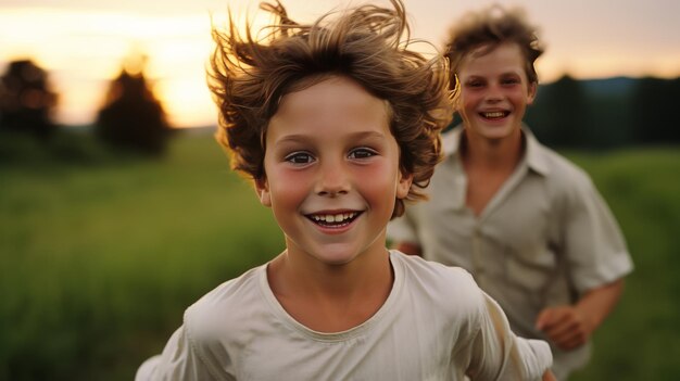 Photo two young boys joyfully run through a sunlit field in the evening