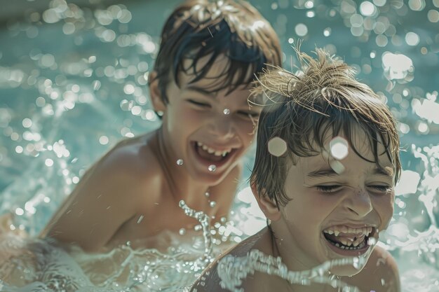 Two young boys playing in a pool of water