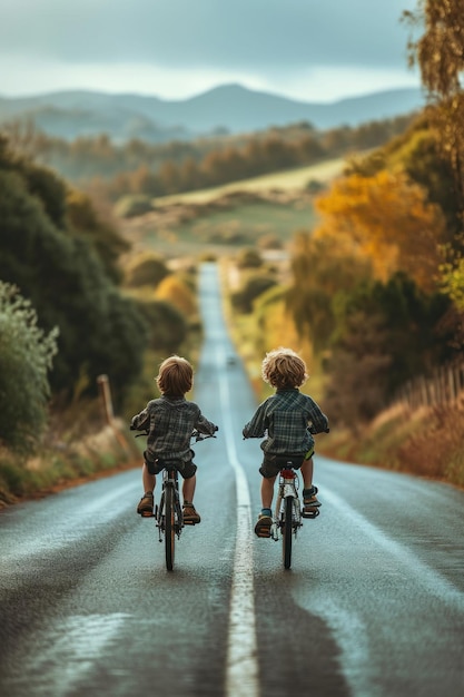 写真 田舎 の 道路 を 自転車 で 下り て いる 二 人 の 若い 少年