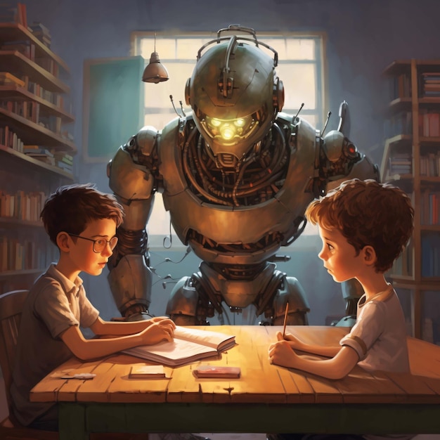 Two young boys and a robot doing homework ai generated