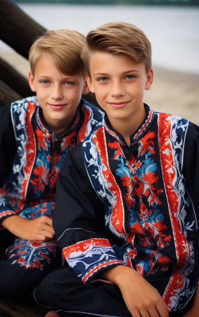 Photo two young boys sitting next to each other