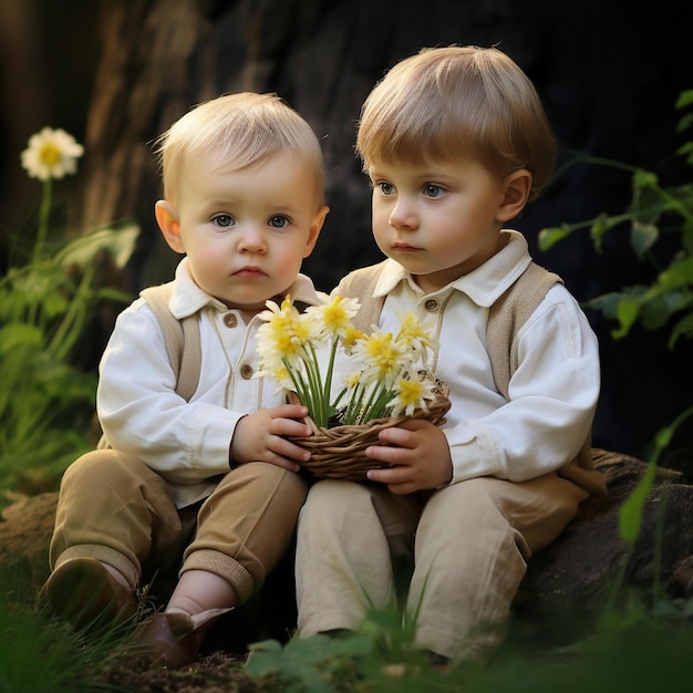 Two young boys sitting on a rock holding flowers