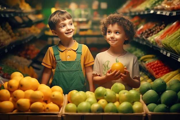 Two young boys stand in a grocery store holding oranges.