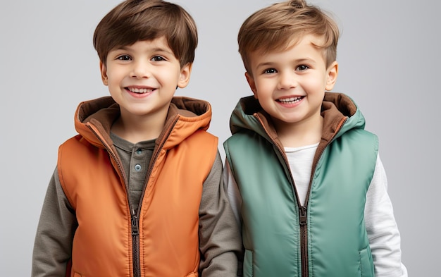 Фото Два мальчика стоят вместе, улыбаются и позируют для фотографии
