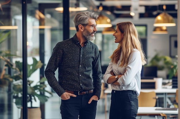 Two young business people talk project strategy at modern office with AI generated