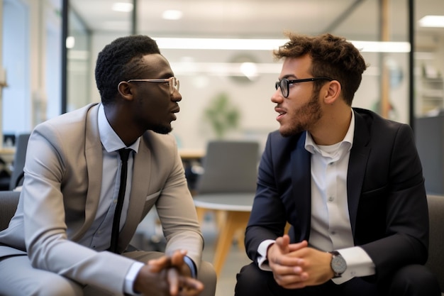 Two young business people talk project strategy at modern office with AI generated