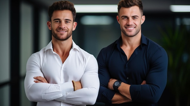 Два молодых бизнесмена стоят вместе и улыбаются.