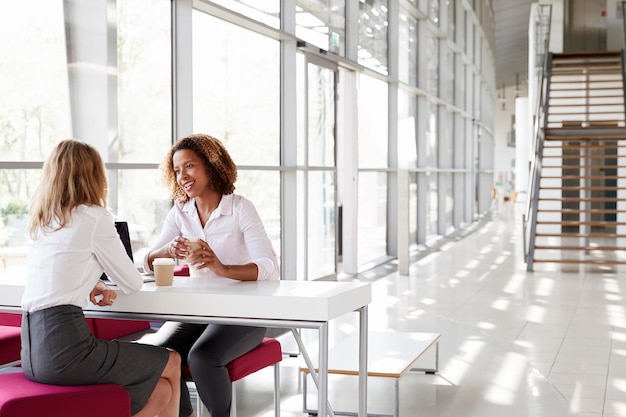 Two young businesswomen at a meeting talking