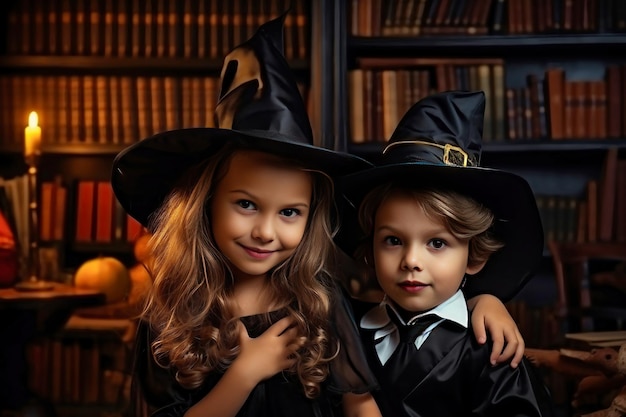 Two young children dressed up in witches costumes Joyful smiles of children on the eve of the holiday Festive costume Jack lantern