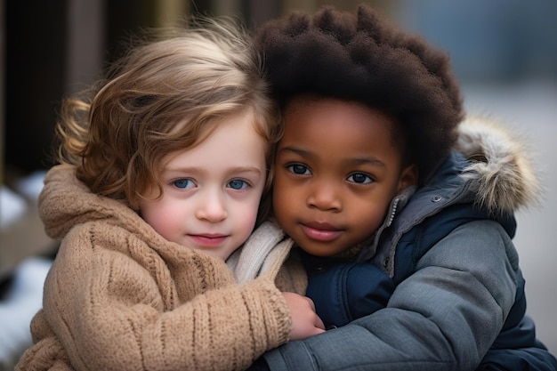 Фото Двое маленьких детей разных рас и этнических групп один с депрессией и один не утешает друг друга после неудачи