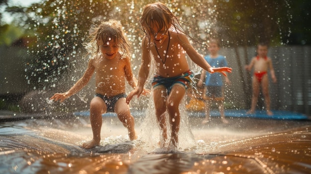 Photo two young children playing in a pool of water