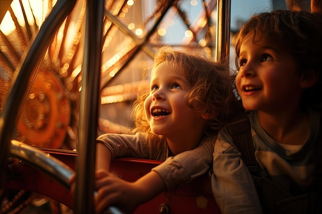 Photo two young children ride a ferris wheel at a carnival