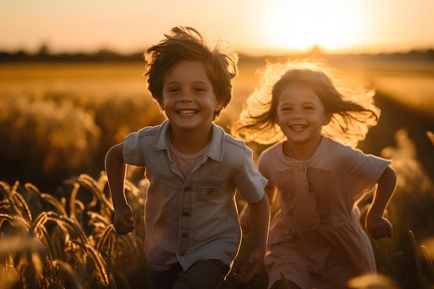 Two young children running through a wheat field at sunset