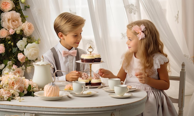 Двое маленьких детей сидят за столом с тортом