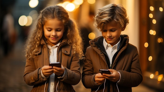 Two young children using cellphones