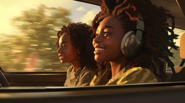 Two young curly darkskinned girls in headphones listen to music